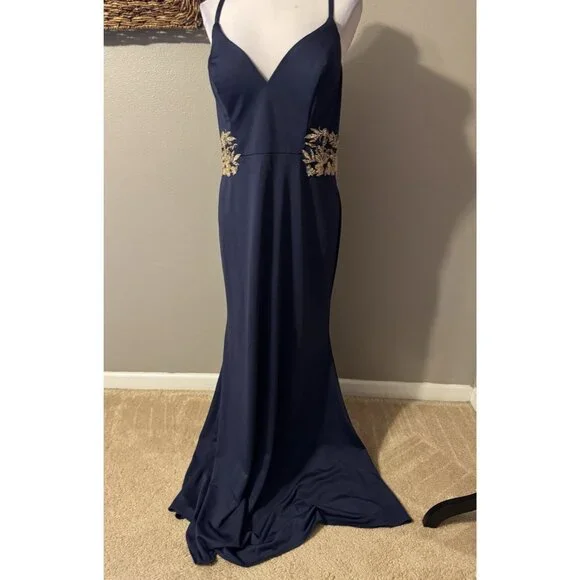 Faviana Formal Long Gown Navy Gold Beaded Embroidered Gala 14W NEW $595